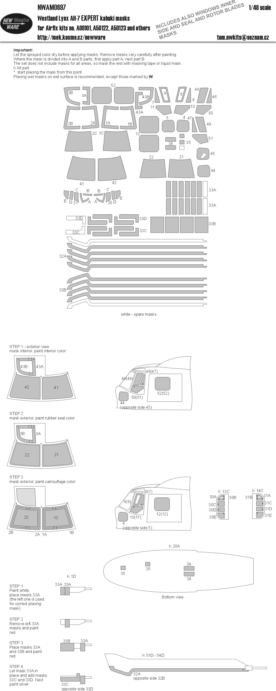New Ware NWAM0697 1:48 Westland Lynx AH-7 Paint Mask EXPERT