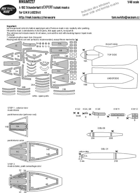 New Ware NWAM1227 1:48 Fairchild A-10C Thunderbolt II EXPERT set canopy frame paint masks