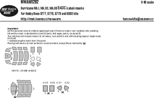 New Ware NWAM1292 1:48 Hawker Hurricane Mk.I/Mk.IC/Mk.IID BASIC kabuki masks