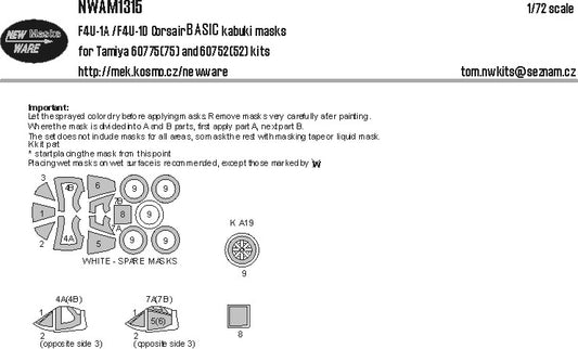 New Ware NWAM1315 1:72 Vought F4U-1A/F4U-1D Corsair BASIC kabuki masks