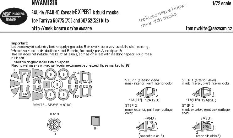 New Ware NWAM1316 1:72 Vought F4U-1A/Vought F4U-1D EXPERT kabuki masks