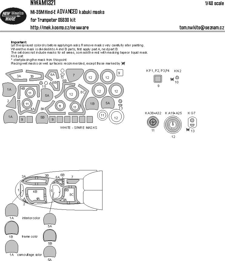 New Ware NWAM1321 1:48 Mil Mi-35M Hind-E BASIC Kabuki Masks all Windows, other Clear Parts, Wheels
