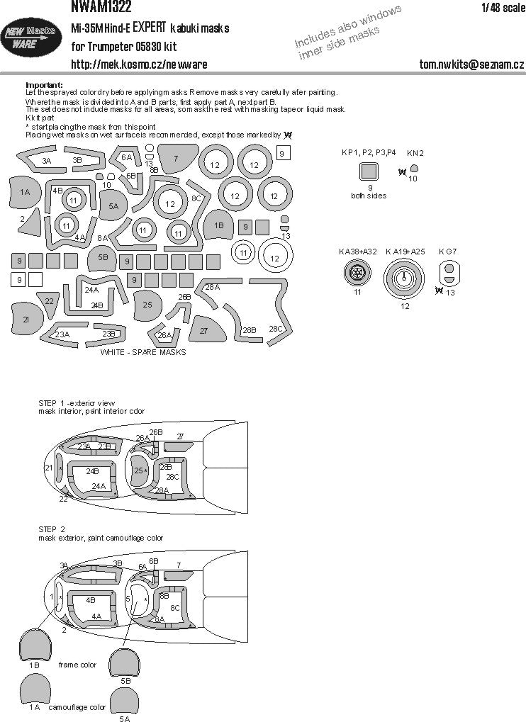 New Ware NWAM1322 1:48 Mil Mi-35M Hind-E EXPERT Kabuki Masks all Windows including Inner Side Masks, other Clear Parts, Wheels