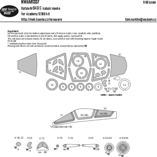 New Ware NWAM1337 1:48 Dassault Rafale M BASIC kabuki masks aircraft canopy,