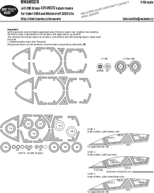 New Ware NWAM1374 1:48 Saab JAS-39D Gripen ADVANCED kabuki masks