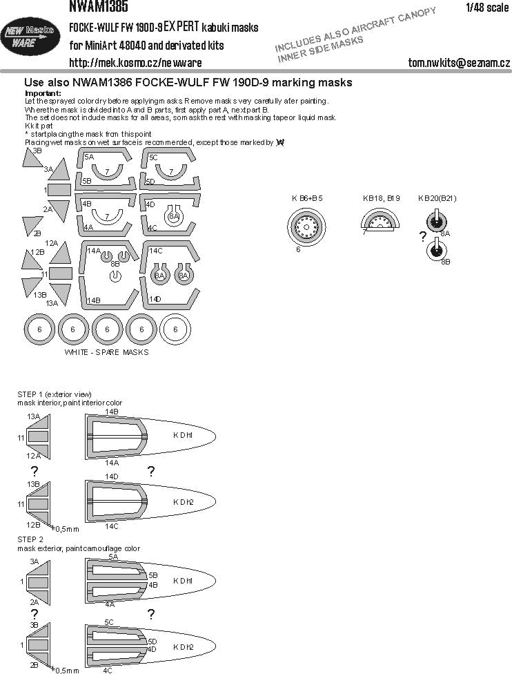 New Ware NWAM1385 1:48 Focke-Wulf Fw-190D-9 EXPERT kabuki masks