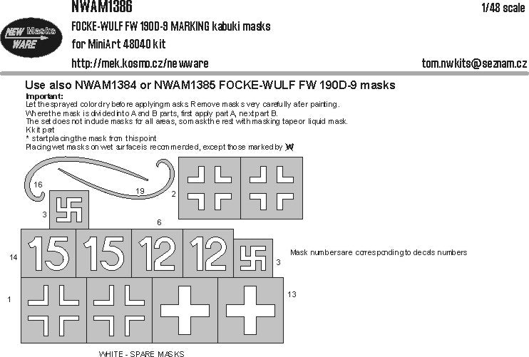 New Ware NWAM1386 1:48 Focke-Wulf Fw-190D-9 MARKING kabuki masks