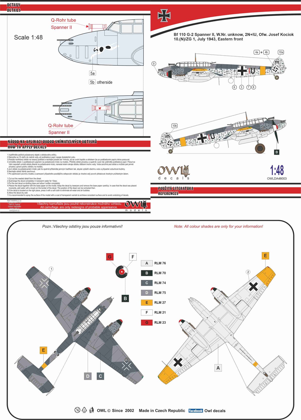 Owl DA48003 1:48 Messerschmitt Bf-110G-2 (Kociok) 2N+IU, 10.(N)/ZG 1 Spanner II Anlage