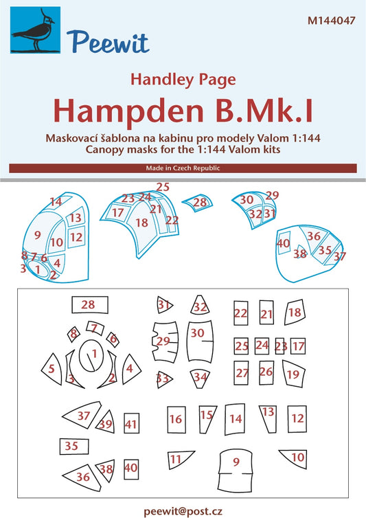 Peewit M144047 1:144 Handley-Page Hampden B Mk.I canopy frame paint mask