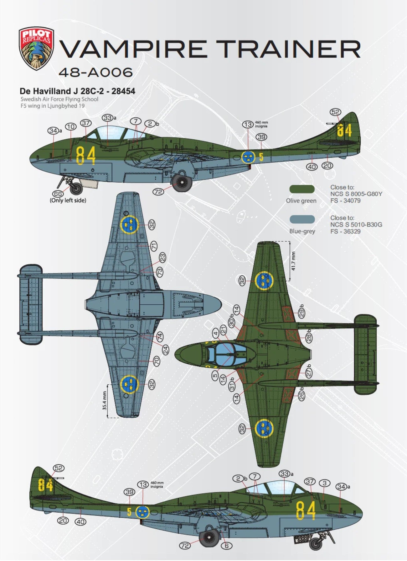 Pilot Replicas 48A006 1:48 J28 Vampire FB50 Swedish Air Force