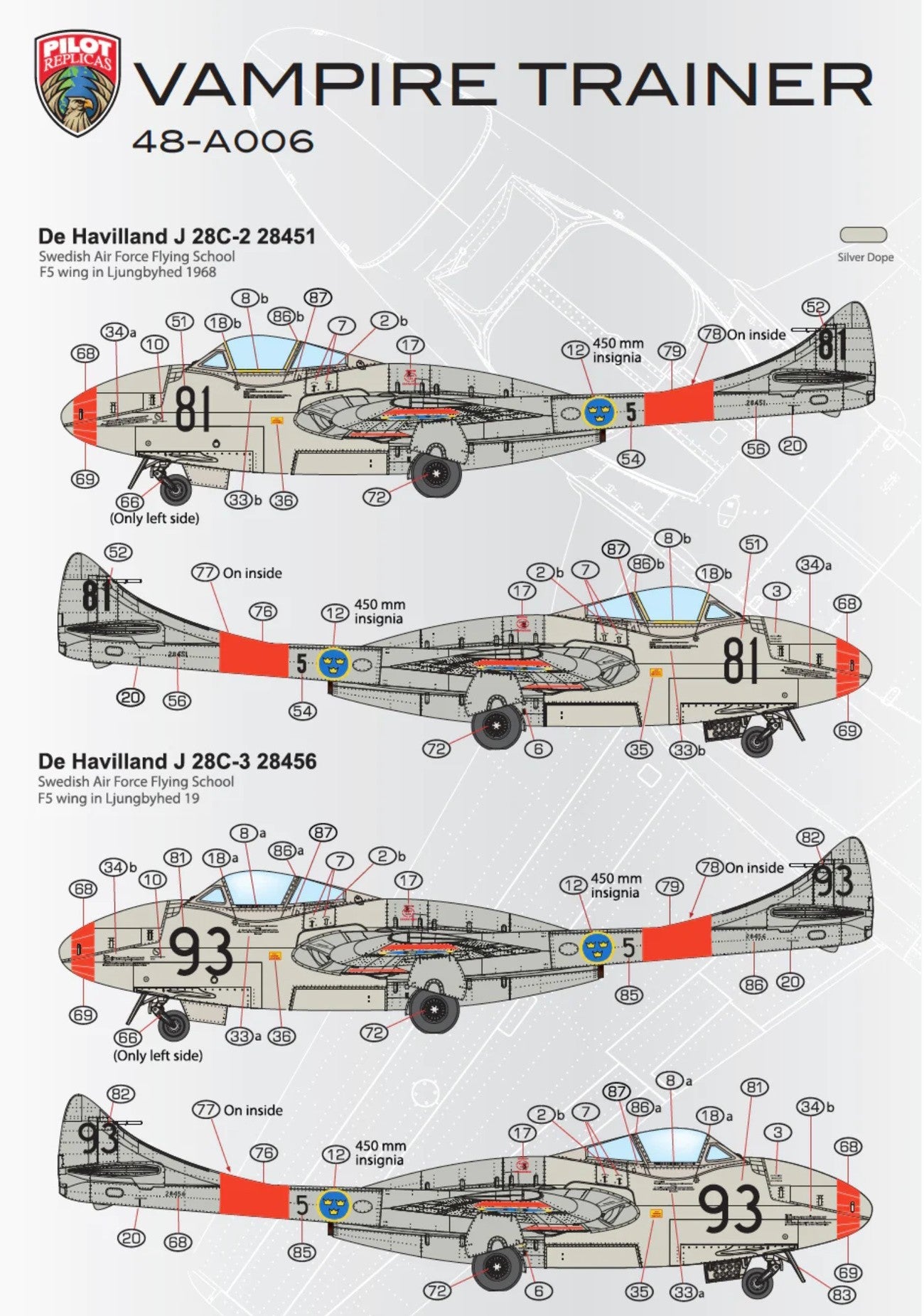 Pilot Replicas 48A006 1:48 J28 Vampire FB50 Swedish Air Force