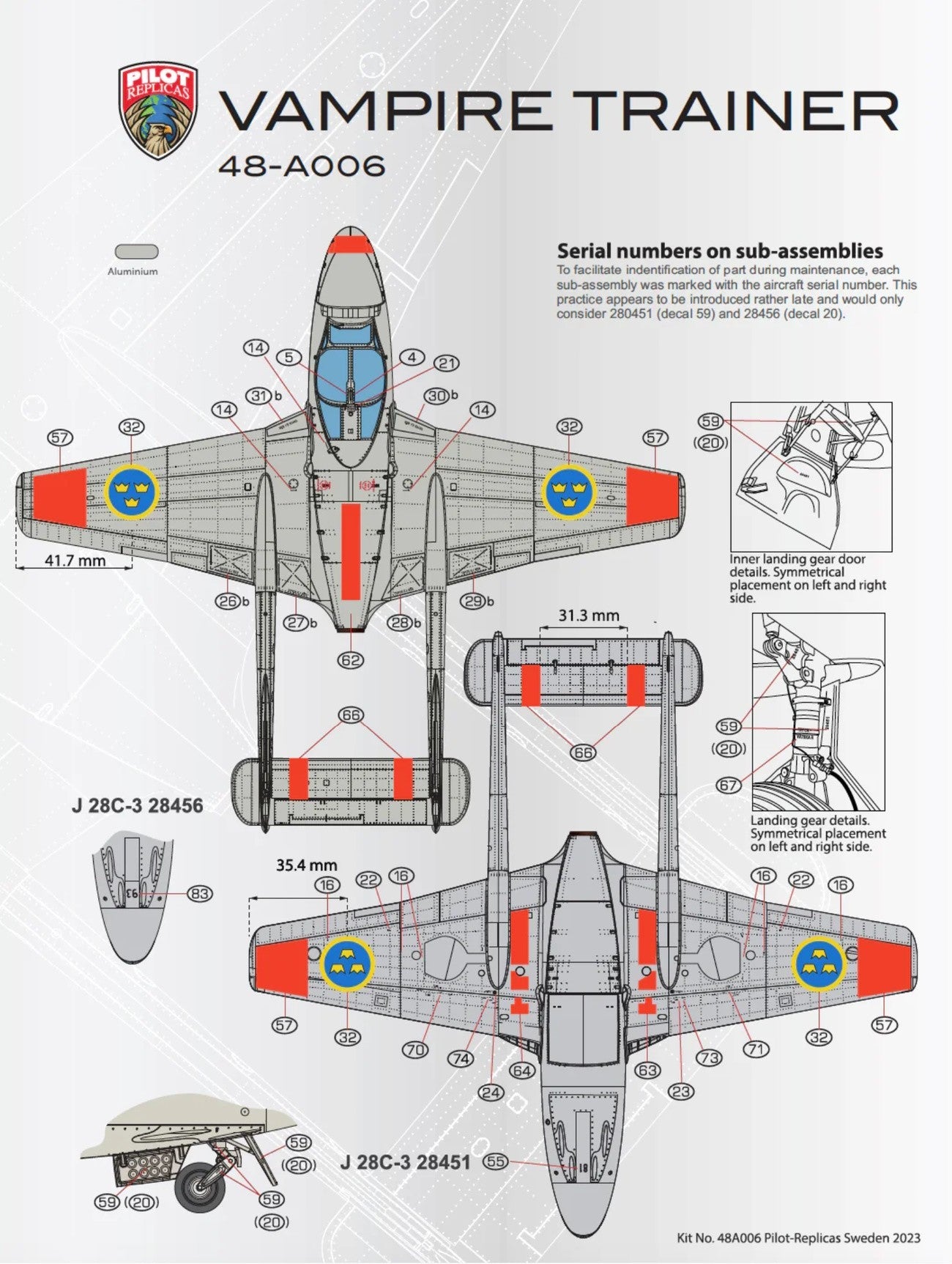 Pilot Replicas 48A006 1:48 J28 Vampire FB50 Swedish Air Force