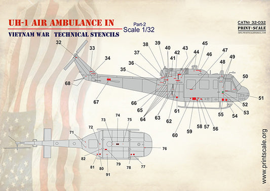 Print Scale 32032 1:32 Bell UH-1 Air Ambulance in Vietnam War Technical Stencils