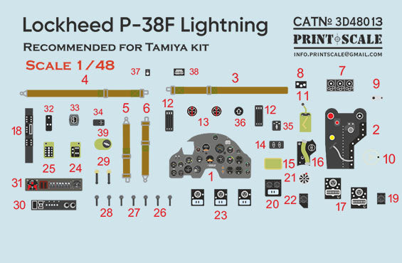 Print Scale 3D48-13 1:48 Instrumental panel Lockheed P-38 Lightning