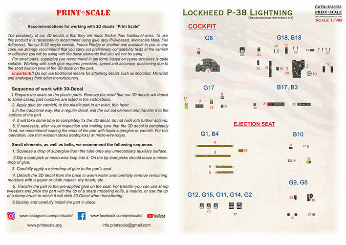 Print Scale 3D48-13 1:48 Instrumental panel Lockheed P-38 Lightning