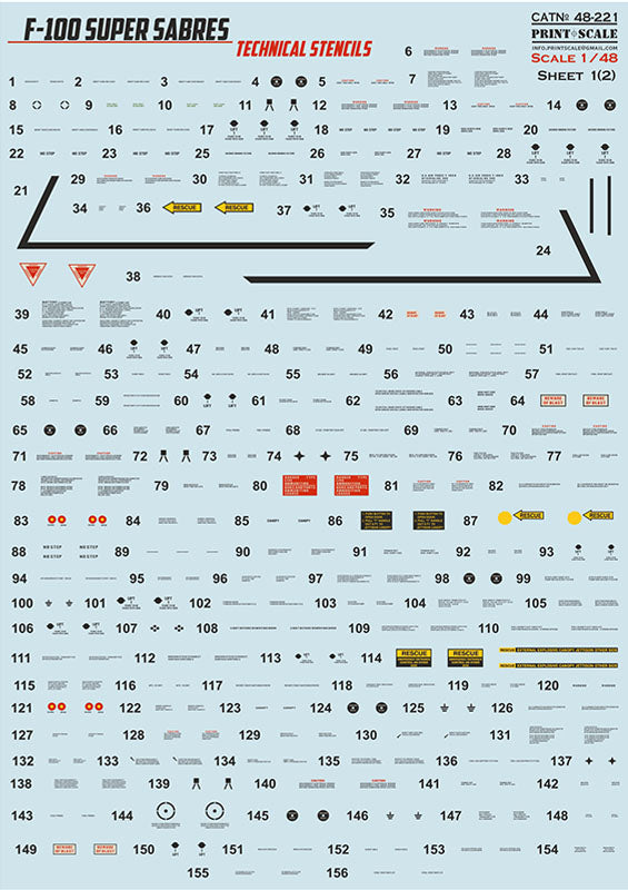 Print Scale 48221 1:48 North-American F-100D/F Super Sabre Technical Stencils