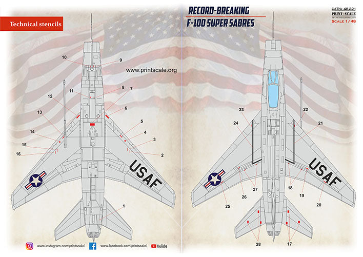 Print Scale 48221 1:48 North-American F-100D/F Super Sabre Technical Stencils