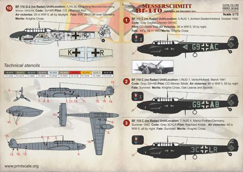 Print Scale 72169 1:72 Messerschmitt Bf-110C/F/G-2/G-4 Nightfighter & Interceptor Aces