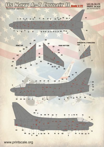 Print Scale 72170 1:72 U.S. Navy A-7 Corsair Technical Stencils