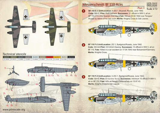 Print Scale 72210 1:72 Messerschmitt Bf-110 'Zerstorer' Aces Part 1