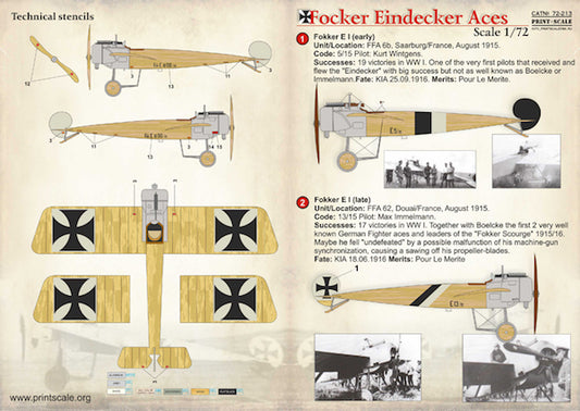 Print Scale 72213 1:72 Fokker E.I/E.II/E.III Eindecker Aces