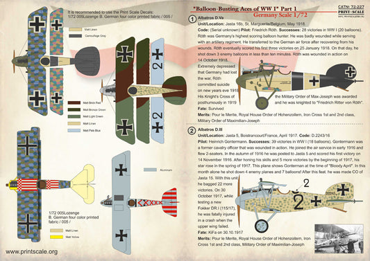 Print Scale 72227 1:72 Balloon-Busting Aces of WWI Germany Part 1