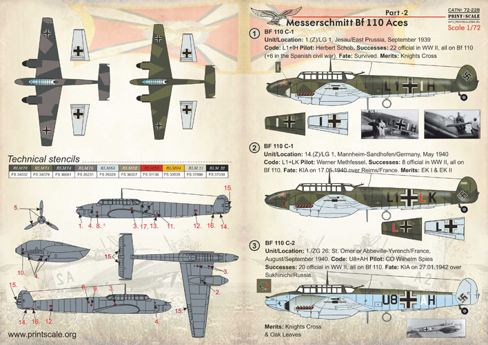 Print Scale 72228 1:72 Messerschmitt Bf-110 Aces Part 2