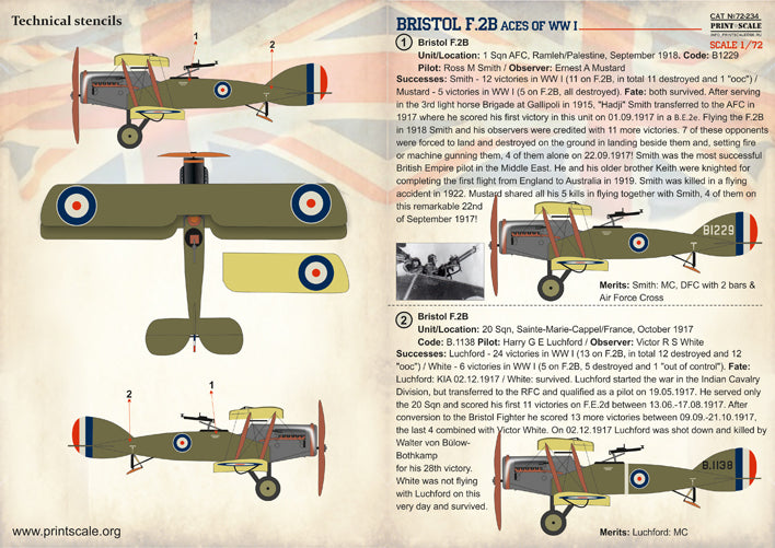 Print Scale 72234 1:72 Bristol F.2B Fighter Aces of WWI