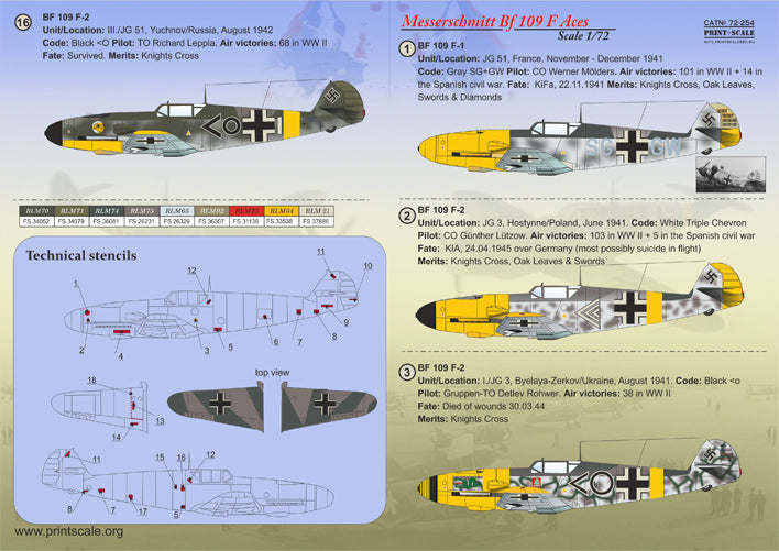 Print Scale 72254 1:72 Messerschmitt Bf-109F Aces