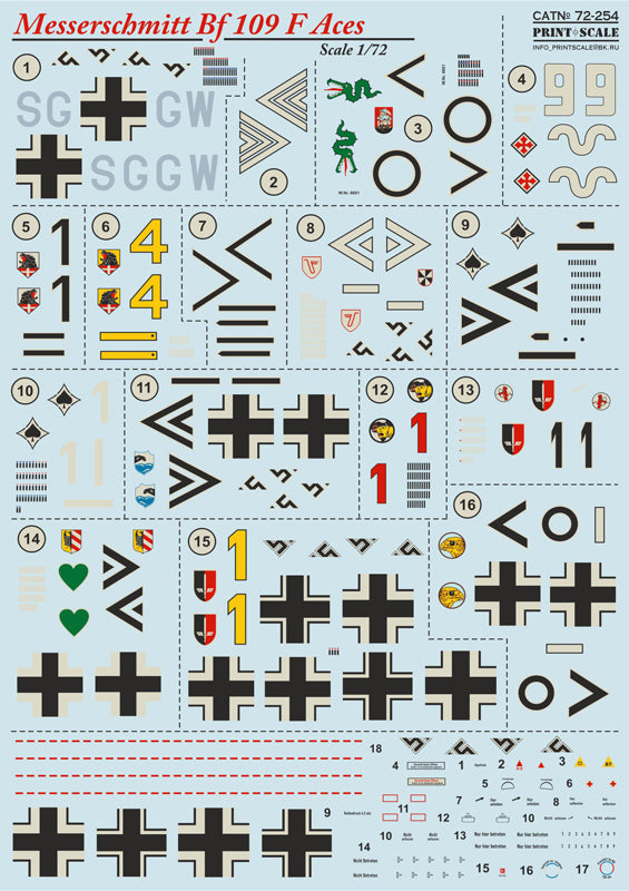 Print Scale 72254 1:72 Messerschmitt Bf-109F Aces