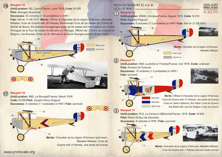 Print Scale 72257 1:72 French Nieuport 10, 11 & 16 Aces of WWI