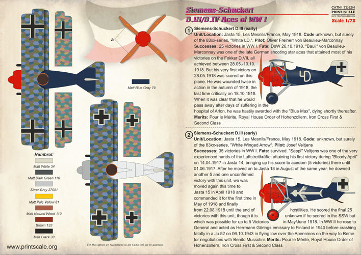 Print Scale 72264 1:72 Siemens-Schuckert D.III/D.IV Aces of WWI