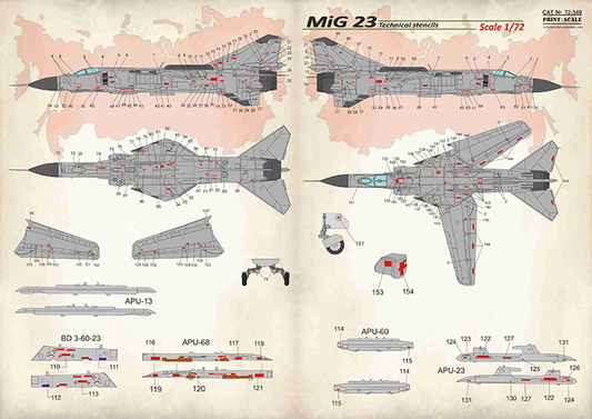 Print Scale 72349 1:72 Mikoyan MiG-23 Technical Stencils