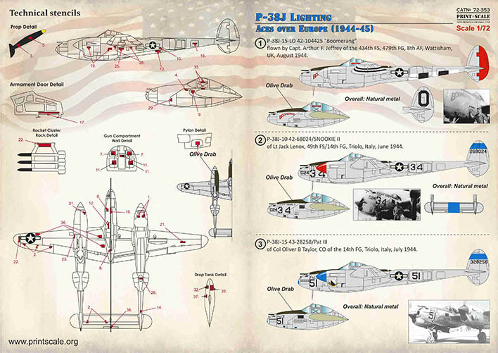 Print Scale 72353 1:72 Lockheed P-38J Lighting Aces over Europe 1944-1945