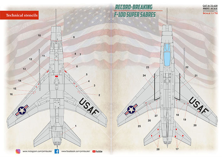 Print Scale 72428 1:72 North-American F-100 Super Sabre Technical Stencils