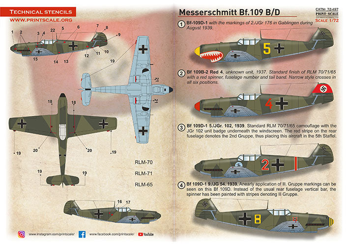 Print Scale 72-497 1:72 Messerschmitt Bf-109B/D