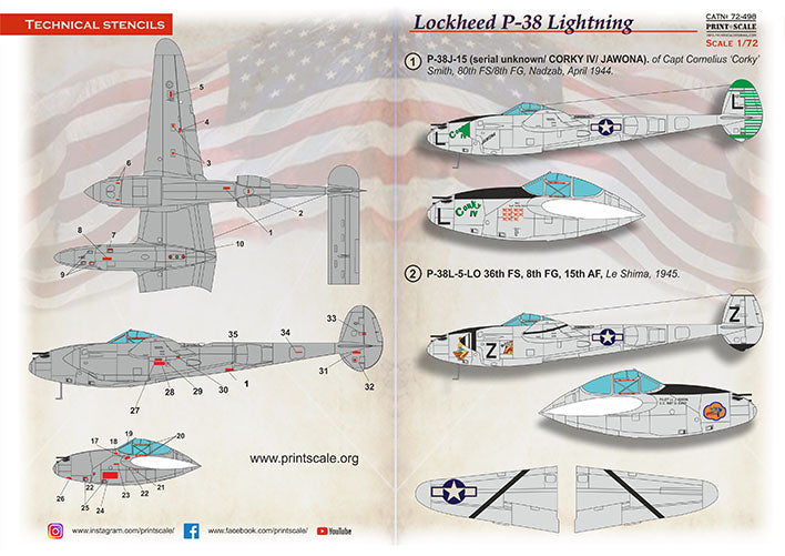 Print Scale 72-498 1:72 Lockheed P-38 Lightning in Bare Metal