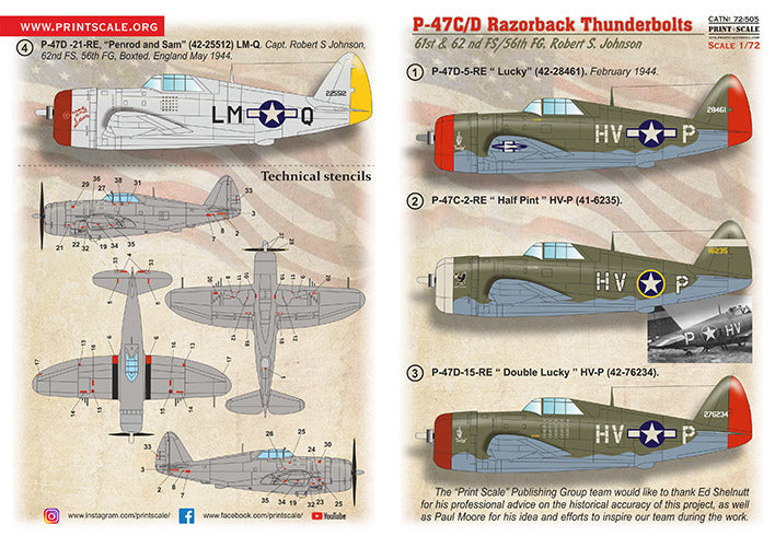 Print Scale 72-505 1:72 P-47C/P-47D Thunderbolt Razorback Robert S. Johnson