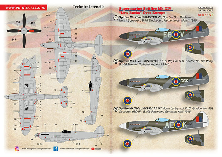 Print Scale 72-516 1:72 Supermarine Spitfire Mk.XIV 'Low Backs' Over Europe