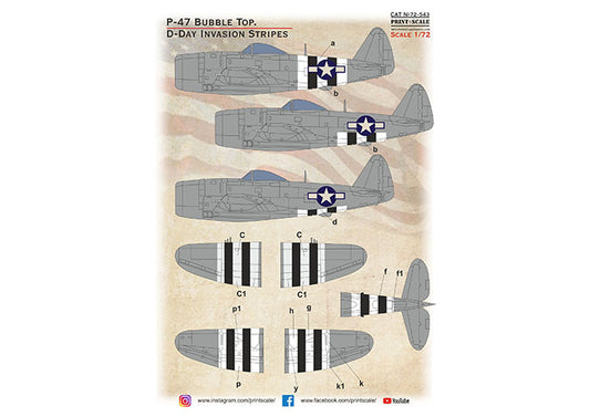 Print Scale 72543 1:72 Republic P-47D Thunderbolt  Bubble Top. D-Day Invasion Stripes