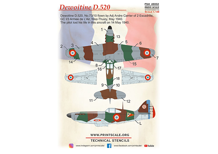 Print Scale PSM48002 1:48 Dewoitine D.520 mask +decal+3D decal