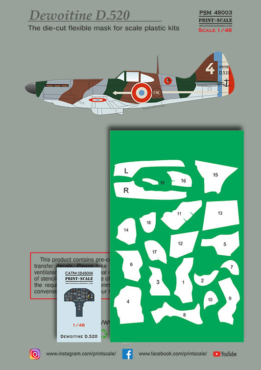 Print Scale PSM48003 1:48 Dewoitine D.520 mask +decal+3D decal