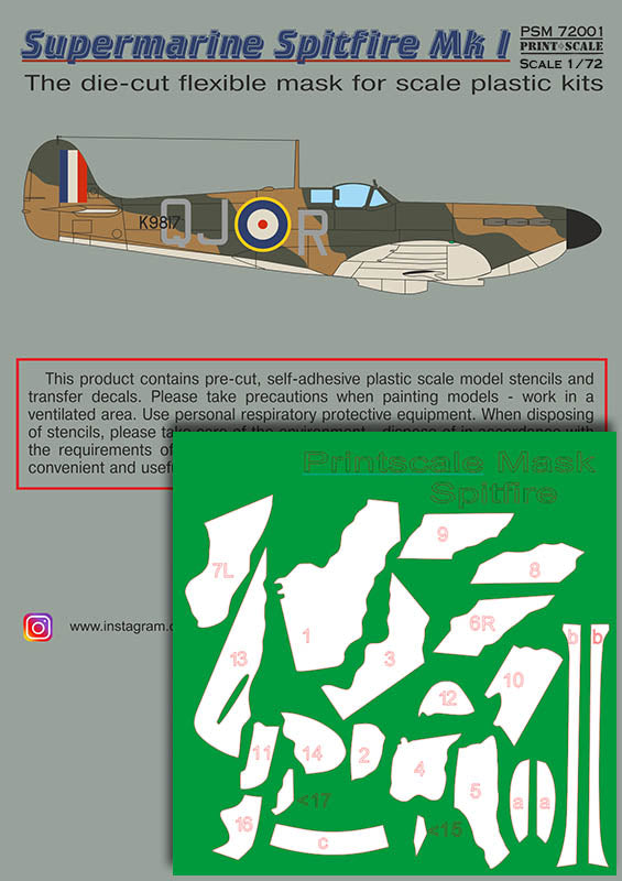 Print Scale PSM72001 1:72 Supermarine Spitfire Mk.I Paint Mask & Decals