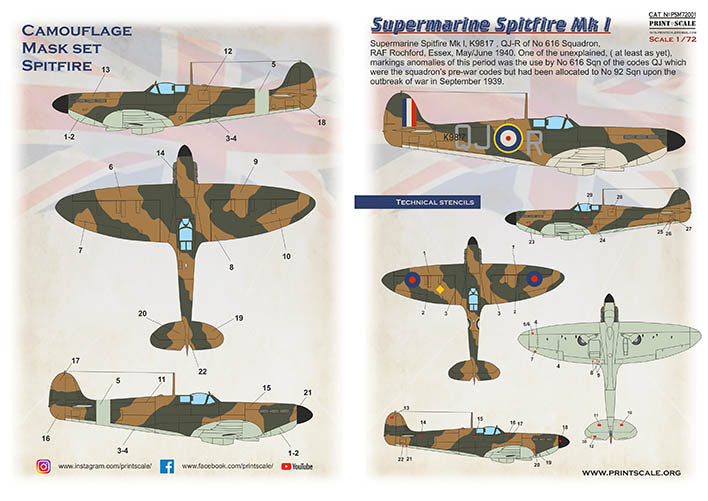 Print Scale PSM72001 1:72 Supermarine Spitfire Mk.I Paint Mask & Decals