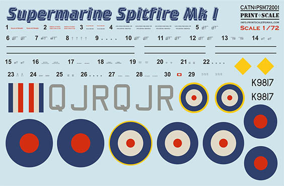 Print Scale PSM72001 1:72 Supermarine Spitfire Mk.I Paint Mask & Decals