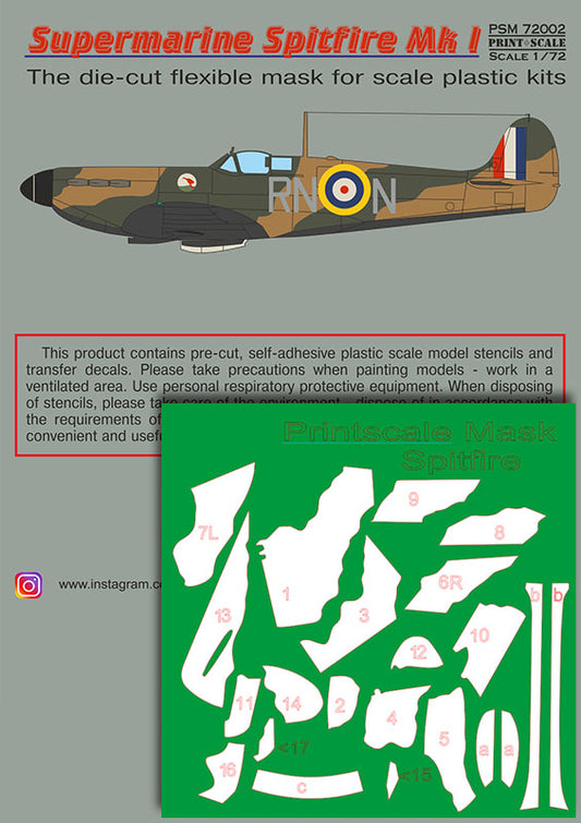 Print Scale PSM72002 1:72 Supermarine Spitfire Mk.I Paint Mask & Decals