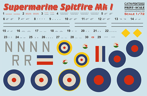 Print Scale PSM72002 1:72 Supermarine Spitfire Mk.I Paint Mask & Decals