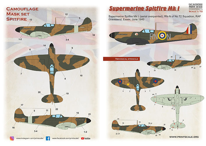 Print Scale PSM72002 1:72 Supermarine Spitfire Mk.I Paint Mask & Decals