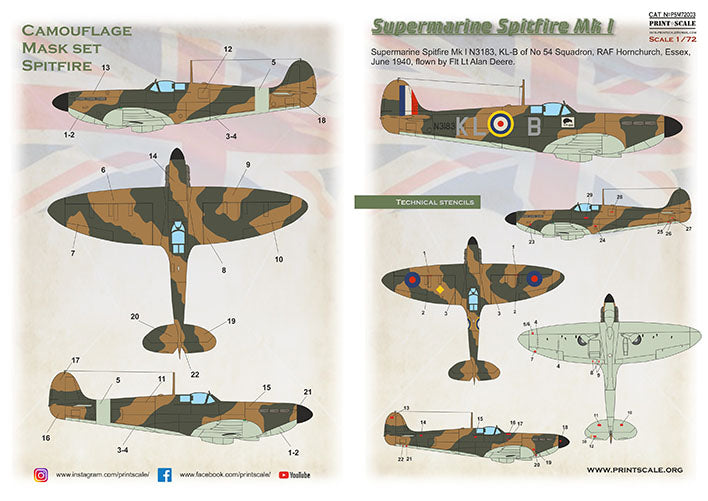 Print Scale PSM72003 1:72 Supermarine Spitfire Mk.I Paint Mask & Decals