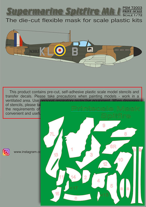 Print Scale PSM72003 1:72 Supermarine Spitfire Mk.I Paint Mask & Decals